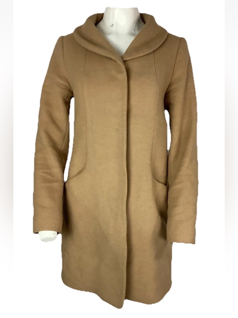 Wilfred Aritzia Sz S Virgin Wool Cocoon Hidden Button Mid Length Coat Tan - Picture 2 of 9